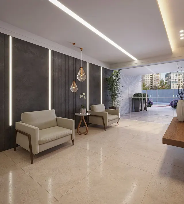 Hall de entrada com poltronas e iluminação embutida no Gustavo Mares Guia, perspectiva ilustrativa